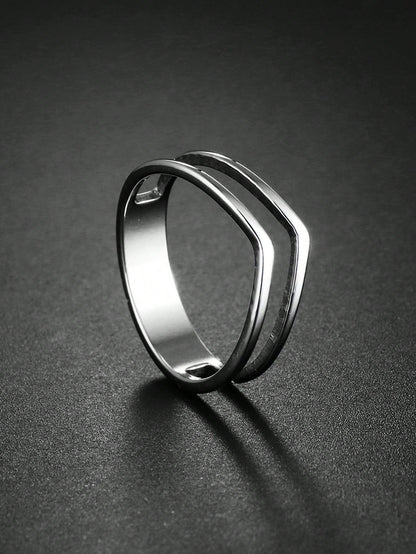 1pc Silver Stainless Steel Dual Layer V-Shaped Men's Ring