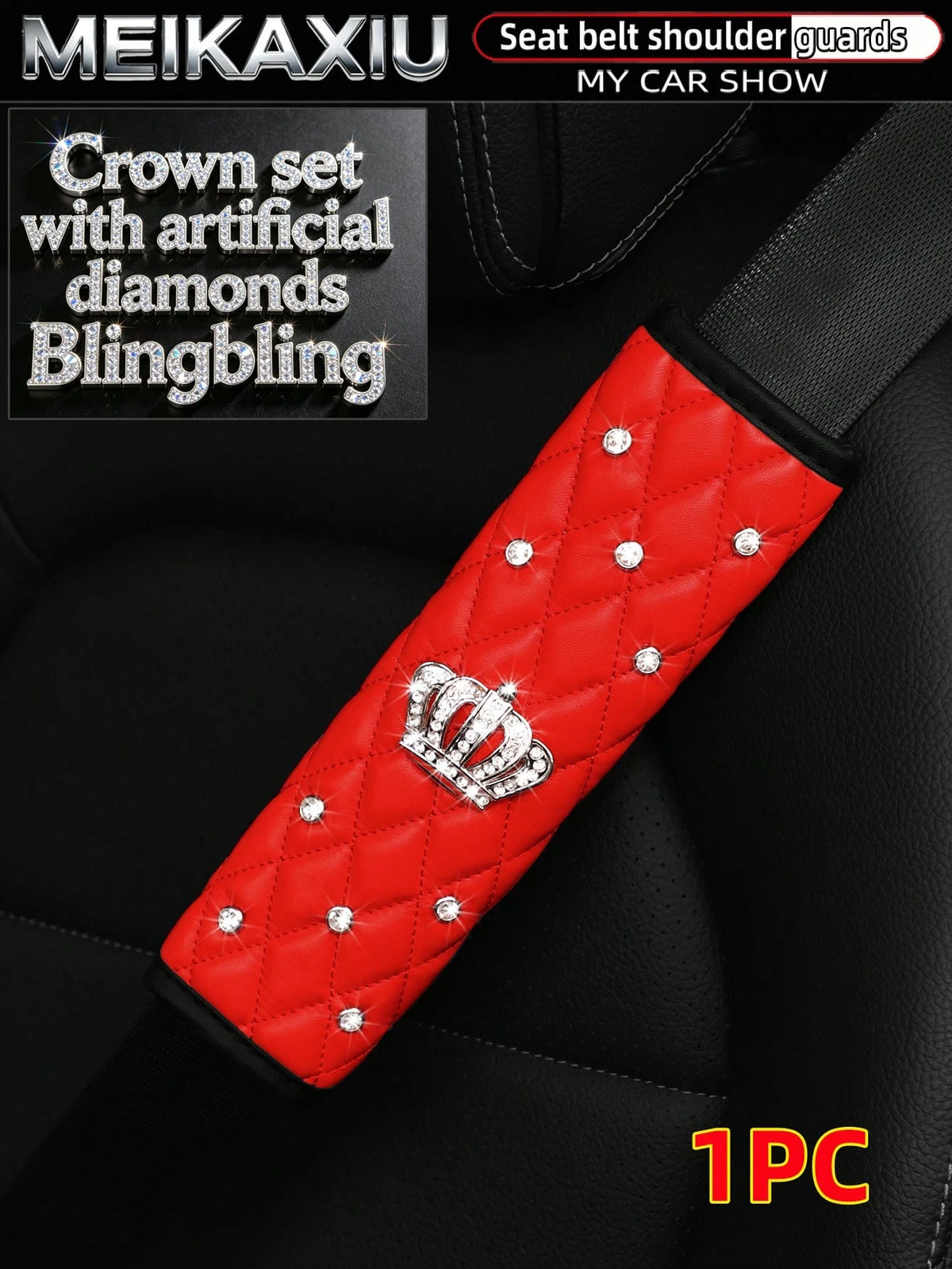 1pc Soft PU Faux Sheepskin Crown Decorated With Artificial Diamonds Blingbling Car Shoulder Pad For Seatbelt Length 9.05 Inches, Automotive,Car Accessories Women,Pink Car Stuff