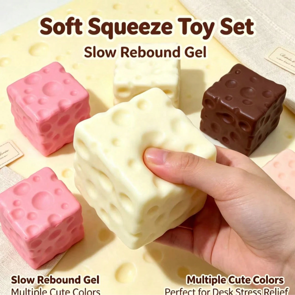 1pc Soft & Squishy Cheese Cube Figurine Stationery Decor, Stress Relief Squeeze Toy For Men, Women & Teens, 3D Hollow Texture Pattern, Multi-Color, Realistic Cheese Details, PU Slow Rebound Material