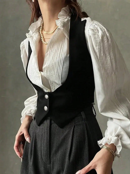 1pc Solid Color Woven Fabric Front Button Closure Women Casual Top, Suitable For Vacation, School, And Daily Wear Black Summer