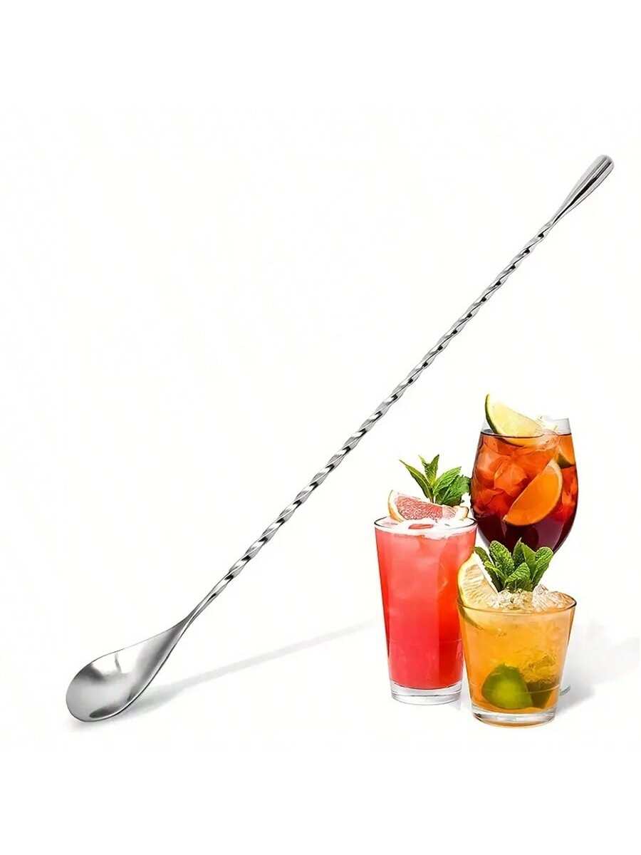 1pc Stainless Steel Long Handle Stirring Spoon With Spiral Pattern- Perfect For Cocktails, Bars, And Kitchen Mixing, Gift For Father