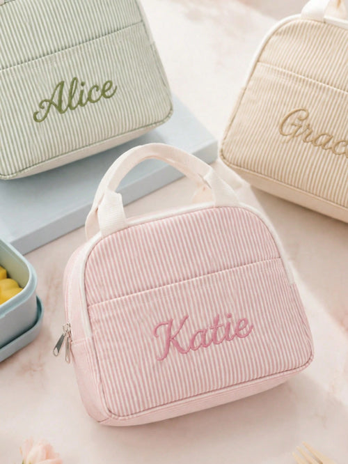 1pc Striped Seersucker Lunch Bag/Bento Bag, Personalized Embroidered Name Customization (Can Embroider Name), Insulated Thermal Lining, Portable Handheld Design, Zipper Closure, Lightweight Storage Fo