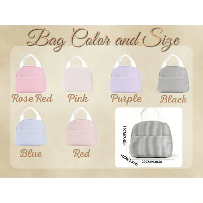 1pc Striped Seersucker Lunch Bag/Bento Bag, Personalized Embroidered Name Customization (Can Embroider Name), Insulated Thermal Lining, Portable Handheld Design, Zipper Closure, Lightweight Storage Fo