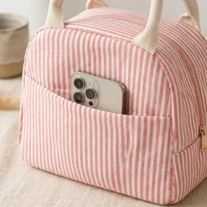 1pc Striped Seersucker Lunch Bag/Bento Bag, Personalized Embroidered Name Customization (Can Embroider Name), Insulated Thermal Lining, Portable Handheld Design, Zipper Closure, Lightweight Storage Fo
