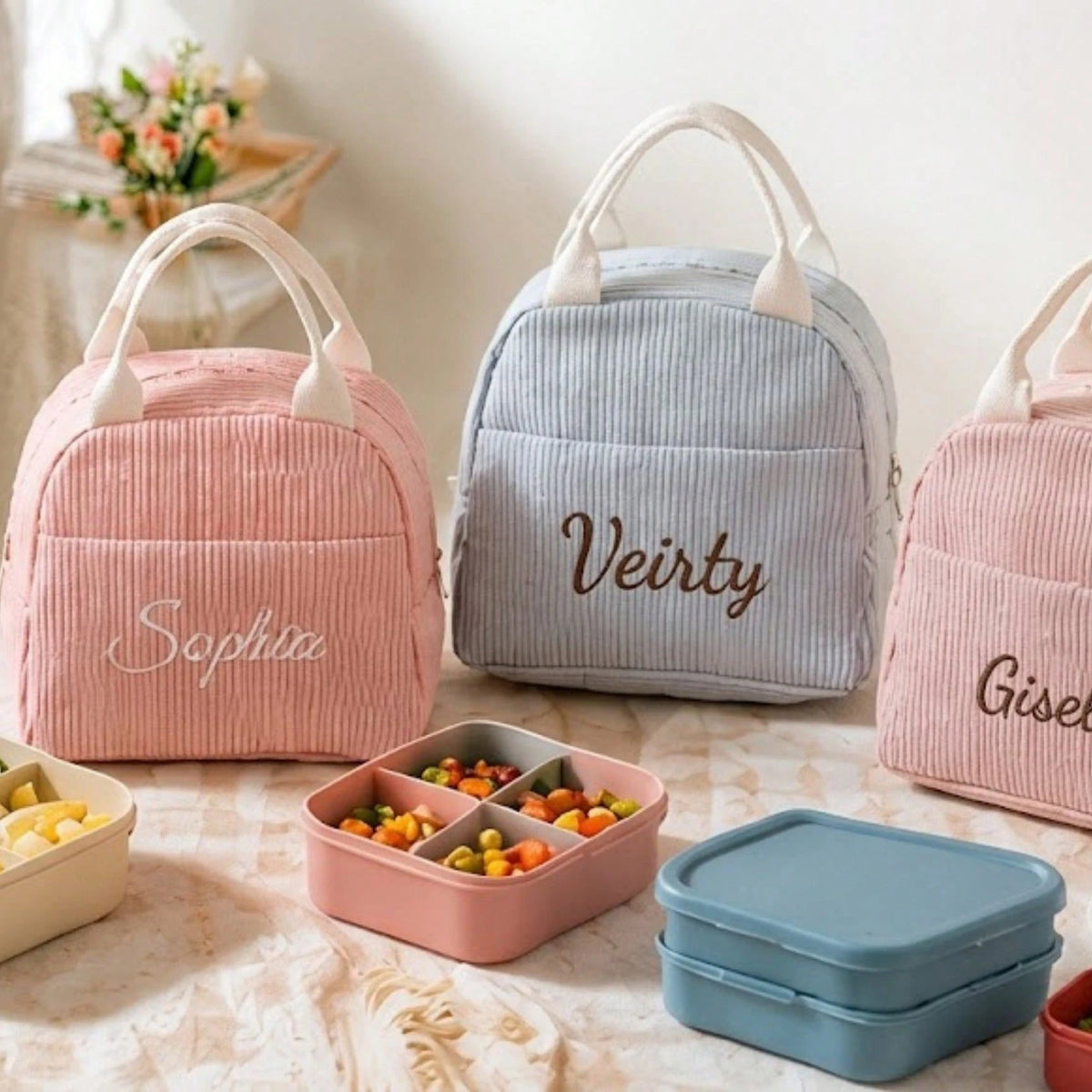 1pc Striped Seersucker Lunch Bag/Bento Bag, Personalized Embroidered Name Customization (Can Embroider Name), Insulated Thermal Lining, Portable Handheld Design, Zipper Closure, Lightweight Storage Fo