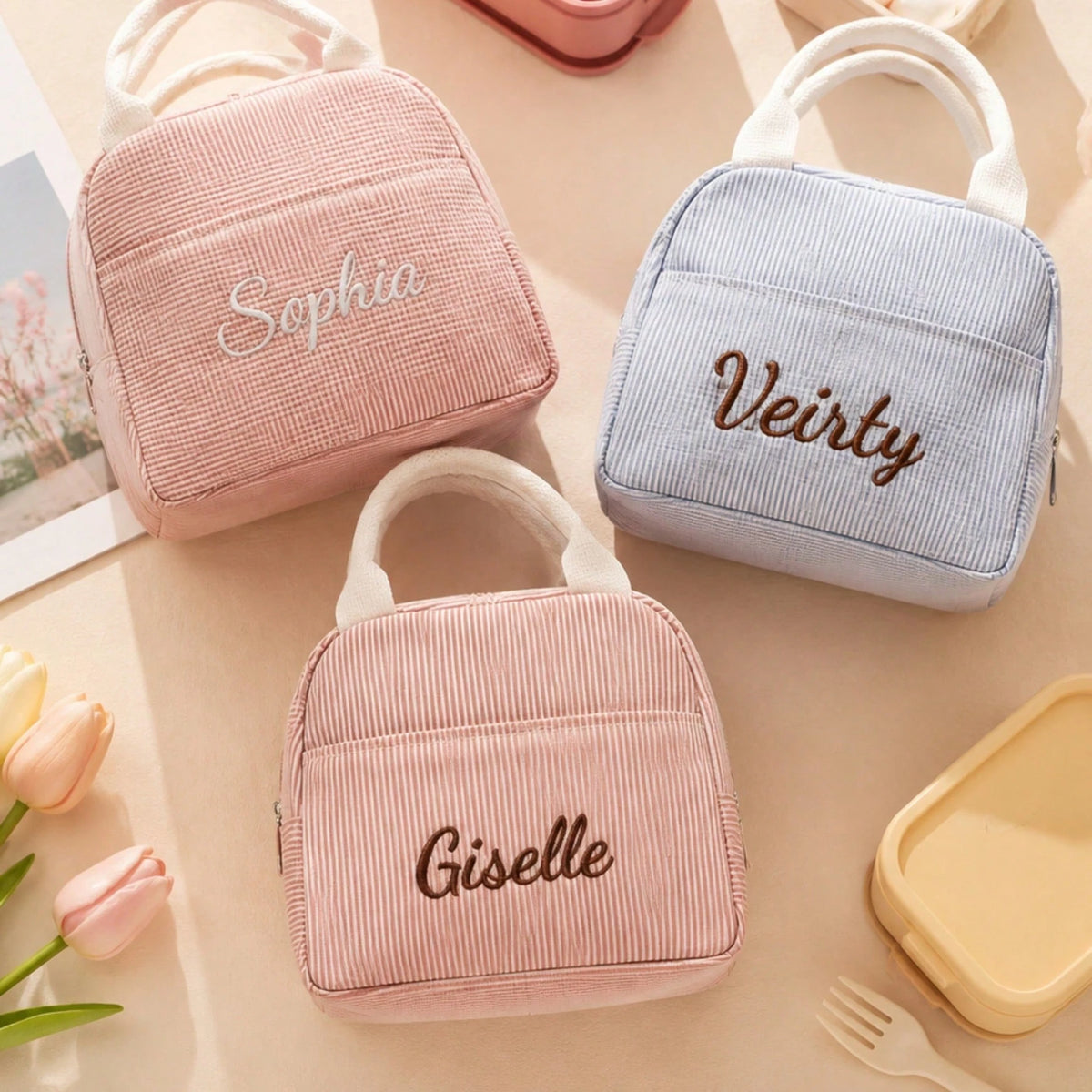 1pc Striped Seersucker Lunch Bag/Bento Bag, Personalized Embroidered Name Customization (Can Embroider Name), Insulated Thermal Lining, Portable Handheld Design, Zipper Closure, Lightweight Storage Fo