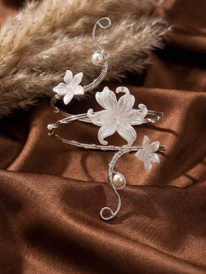 1pc Summer Fashion Floral Arm Bracelet, Exaggerated Geometric Open Metal Bangle Arm Ring, Suitable For Vacation, Party, Gathering
