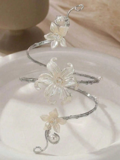 1pc Summer Fashion Floral Arm Bracelet, Exaggerated Geometric Open Metal Bangle Arm Ring, Suitable For Vacation, Party, Gathering