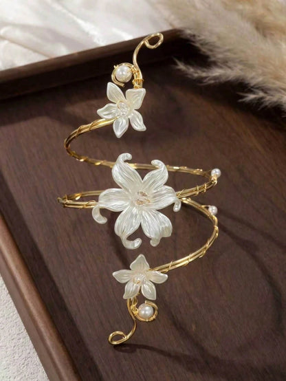 1pc Summer Fashion Floral Arm Bracelet, Exaggerated Geometric Open Metal Bangle Arm Ring, Suitable For Vacation, Party, Gathering