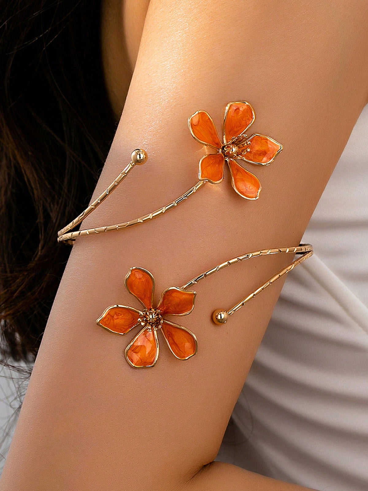 1pc Summer Fashion Floral Arm Bracelet, Exaggerated Geometric Open Metal Bangle Arm Ring, Suitable For Vacation, Party, Gathering