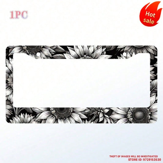 1PC Sunflower License Plate Frame Personalized Black White Floral License Plate Frames Auto Accessory Bracket License Plate Holder With Screws Women Men 6x12 Inch 2 Holes