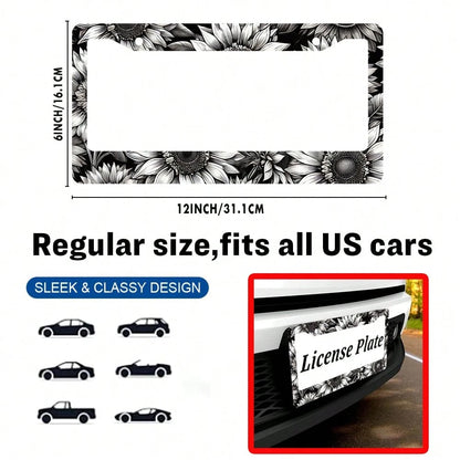 1PC Sunflower License Plate Frame Personalized Black White Floral License Plate Frames Auto Accessory Bracket License Plate Holder With Screws Women Men 6x12 Inch 2 Holes