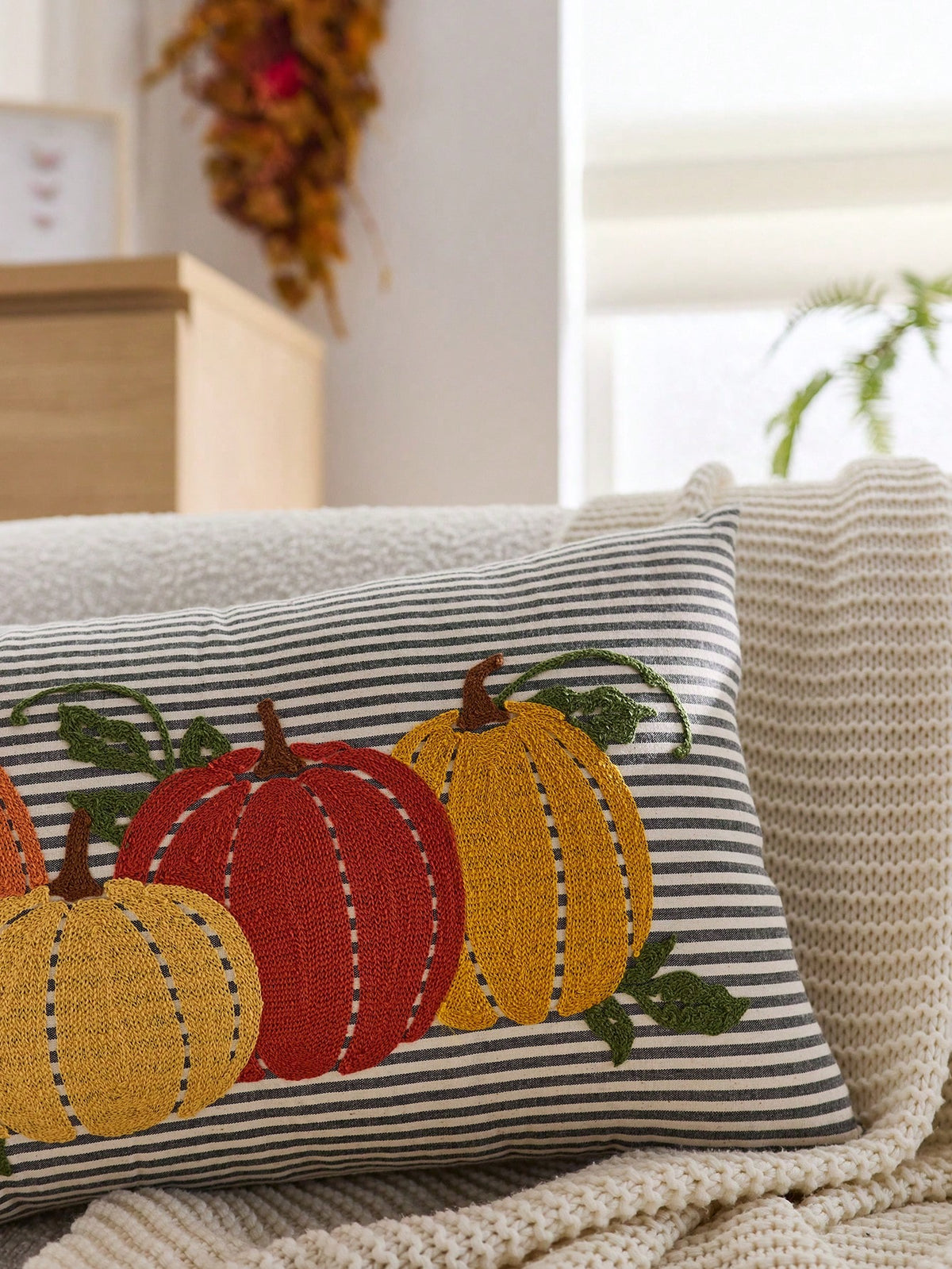 1pc Thanksgiving Pumpkin Embroidered Pillow Case, Suitable For Indoor Decoration, Thanksgiving Decor, All-Season Pillow Case, Without Insert