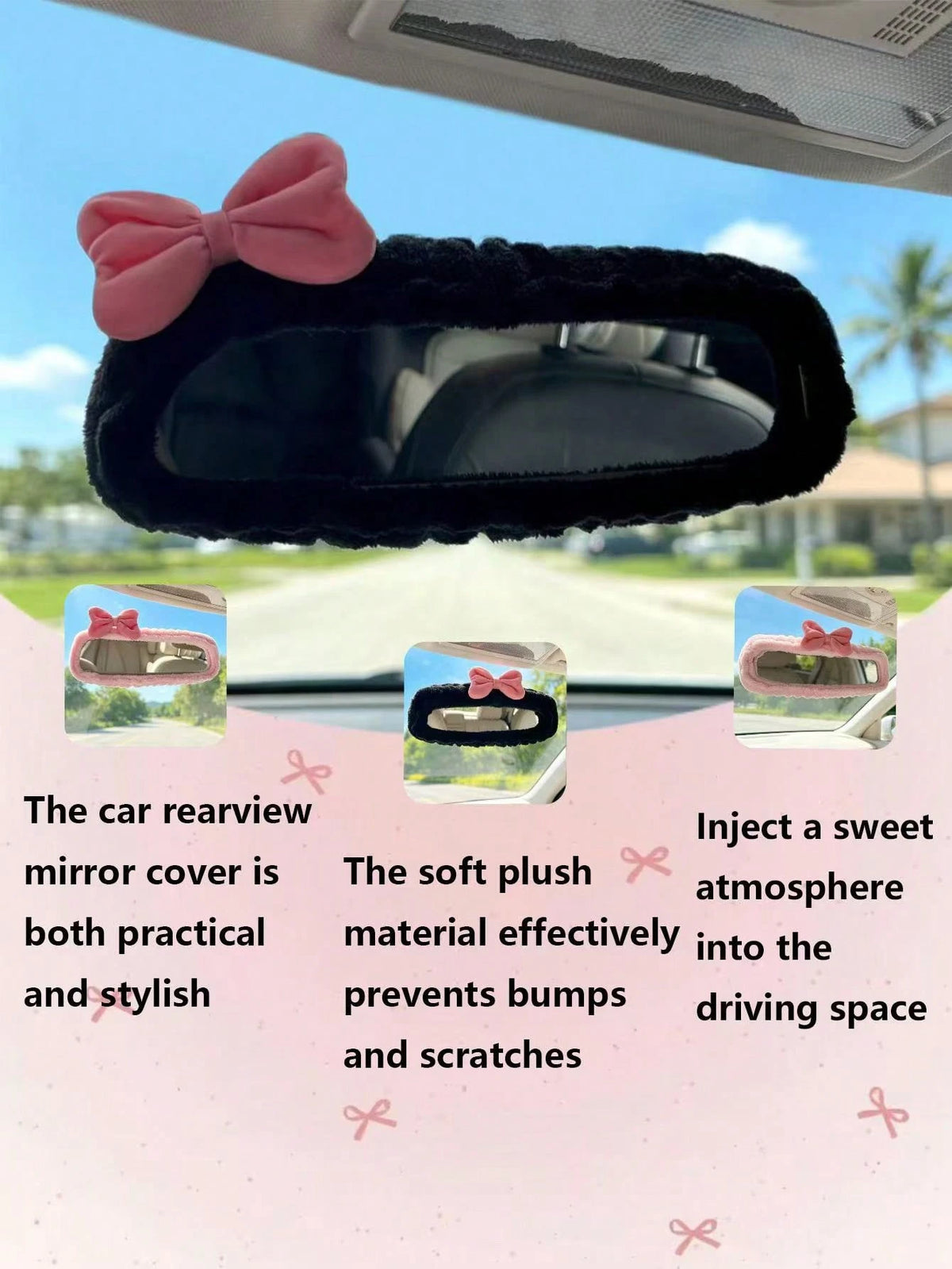 1pc Universal Plush Rearview Mirror Cover, Bow Plush Rearview Mirror Cover, Car Accessories, Car Decor, Decorative Car, Gift, Rearview Mirror Protection Cover, Pink Car Rearview Mirror Protection Cove