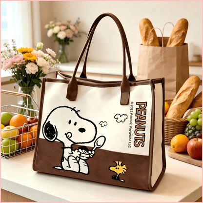 1PC Vintage Brown & White Block Snoopy And Print Tote Bag, Large Capacity Shoulder Bag, Structured Work School Travel Shopping Bag, Sweet Birthday Christmas Gift For Women Teen Girls Friends