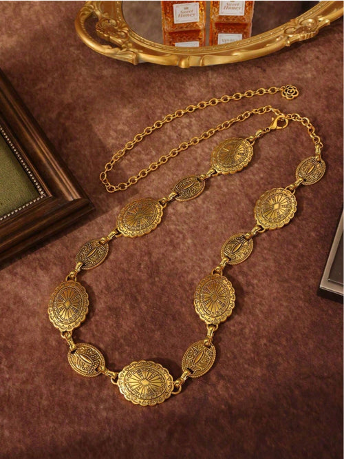 1pc Vintage Fashion Bohemian Metal Floral Pattern Distressed Flower Disc Waist Chain, Suitable For Women's Daily Wear And Party, Festival Style