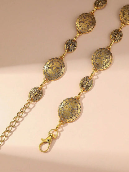1pc Vintage Fashion Bohemian Metal Floral Pattern Distressed Flower Disc Waist Chain, Suitable For Women's Daily Wear And Party, Festival Style