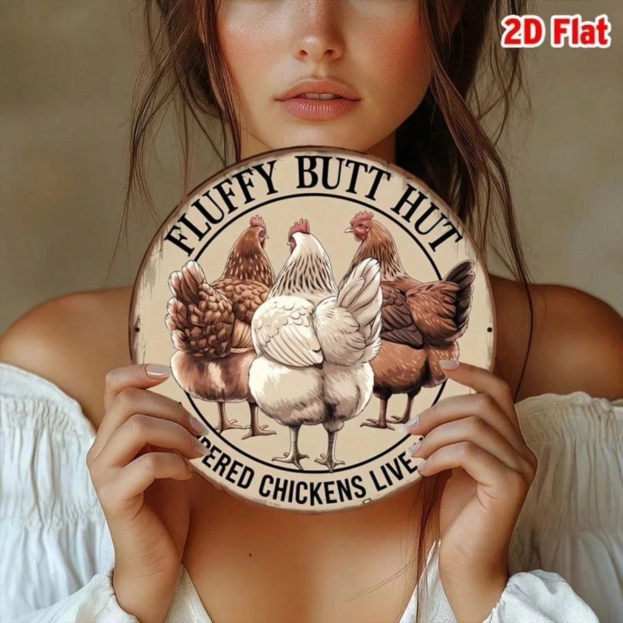 1pc Vintage Metal Sign, Featuring Fluffy Chicken Butt Cottage, 7.87 Inch Diameter, Designed For Country Farmhouse Decor, Barn And Expansion