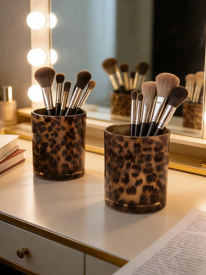 1pc Vintage Tiger Stripe Glass Storage Box, Makeup Brush Holder, Lipstick And Eyeliner Storage Box, Office Decor, Birthday Gift Or Housewarming Gift, Home Decor, Storage Organizer, Perfect Gift For Wo