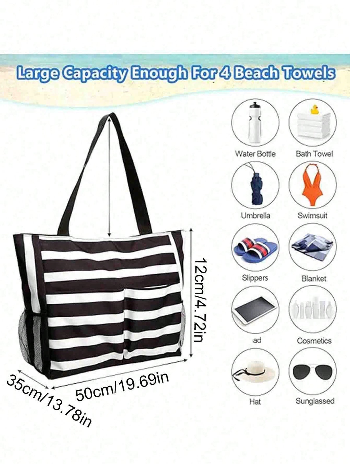1pc Waterproof Beach Bag With Resealable Pouch And Multiple Pockets, Zipper Design, Suitable For Pool, Gym, Shopping And Travel