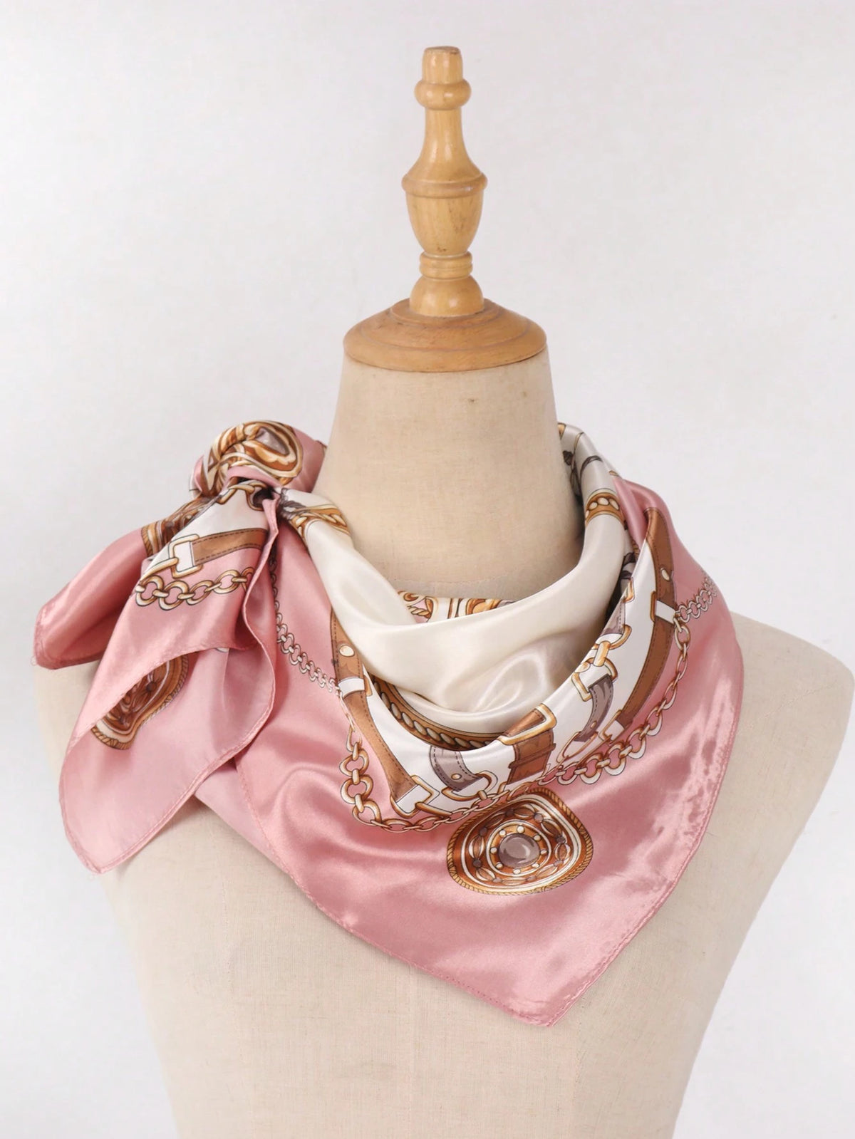 1pc Women's Light Pink Printed Satin Square Scarf, Fashionable Outdoor Headband Hair Scarf For Spring/Summer Season Bandana, French Girl Style
