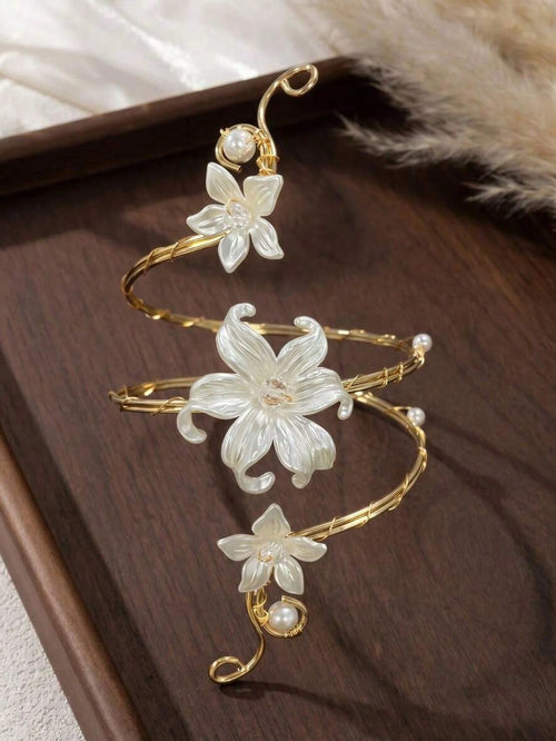 1pc Women's Spiral Flower Upper Arm Cuff Bracelet With Gold Tone Faux Pearls, Bohemian Summer Jewelry, Suitable For Women's Daily Decoration, Summer Beach Vacation, Outfit Matching, Dating, Party, Hol