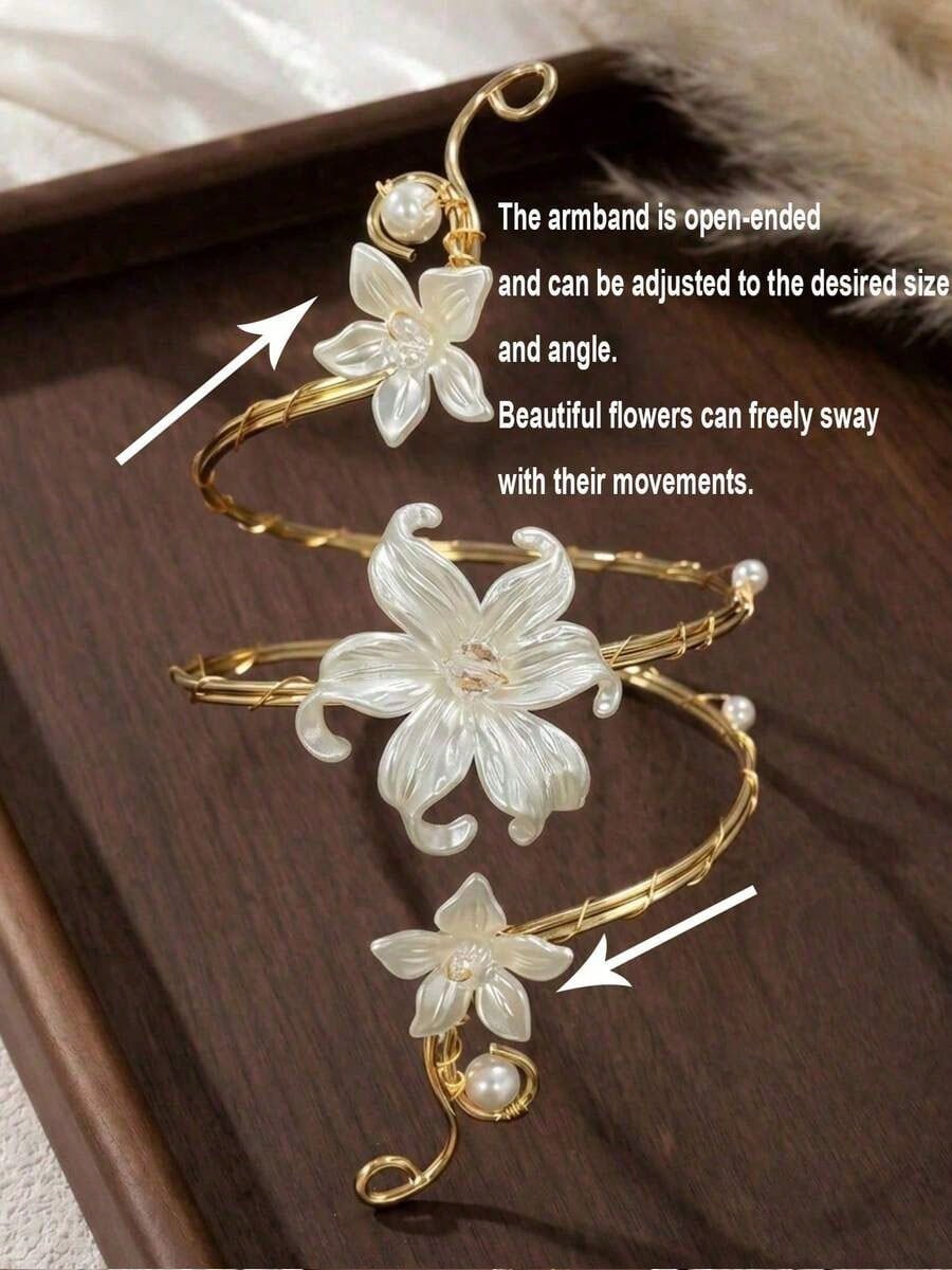 1pc Women's Spiral Flower Upper Arm Cuff Bracelet With Gold Tone Faux Pearls, Bohemian Summer Jewelry, Suitable For Women's Daily Decoration, Summer Beach Vacation, Outfit Matching, Dating, Party, Hol