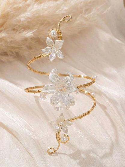 1pc Women's Spiral Flower Upper Arm Cuff Bracelet With Gold Tone Faux Pearls, Bohemian Summer Jewelry, Suitable For Women's Daily Decoration, Summer Beach Vacation, Outfit Matching, Dating, Party, Hol
