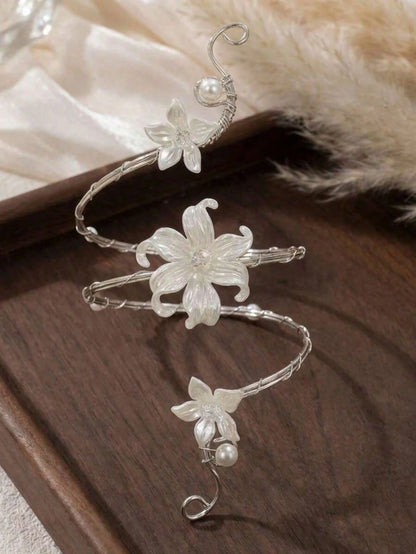 1pc Women's Spiral Flower Upper Arm Cuff Bracelet With Gold Tone Faux Pearls, Bohemian Summer Jewelry, Suitable For Women's Daily Decoration, Summer Beach Vacation, Outfit Matching, Dating, Party, Hol