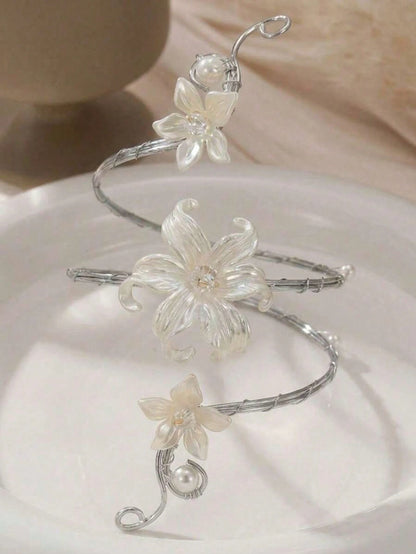 1pc Women's Spiral Flower Upper Arm Cuff Bracelet With Gold Tone Faux Pearls, Bohemian Summer Jewelry, Suitable For Women's Daily Decoration, Summer Beach Vacation, Outfit Matching, Dating, Party, Hol