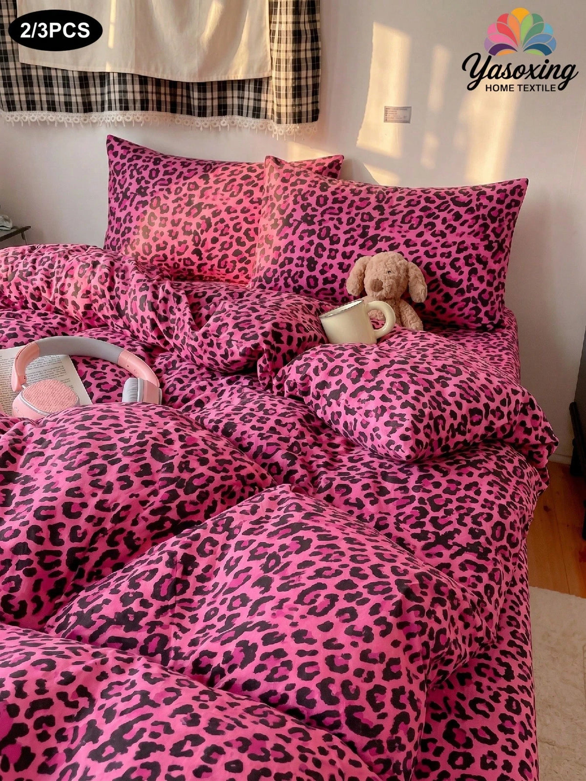2/3pcs Rose Red Leopard Print Duvet Cover Bedding Set, Soft Breathable Wrinkle-Resistant, Promotes Better Sleep, Luxury Hotel Style, Gift For Parents And Friends, Double-Sided Dual-Color Duvet Cover*1