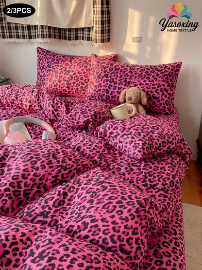 2/3pcs Rose Red Leopard Print Duvet Cover Bedding Set, Soft Breathable Wrinkle-Resistant, Promotes Better Sleep, Luxury Hotel Style, Gift For Parents And Friends, Double-Sided Dual-Color Duvet Cover*1