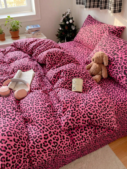 2/3pcs Rose Red Leopard Print Duvet Cover Bedding Set, Soft Breathable Wrinkle-Resistant, Promotes Better Sleep, Luxury Hotel Style, Gift For Parents And Friends, Double-Sided Dual-Color Duvet Cover*1