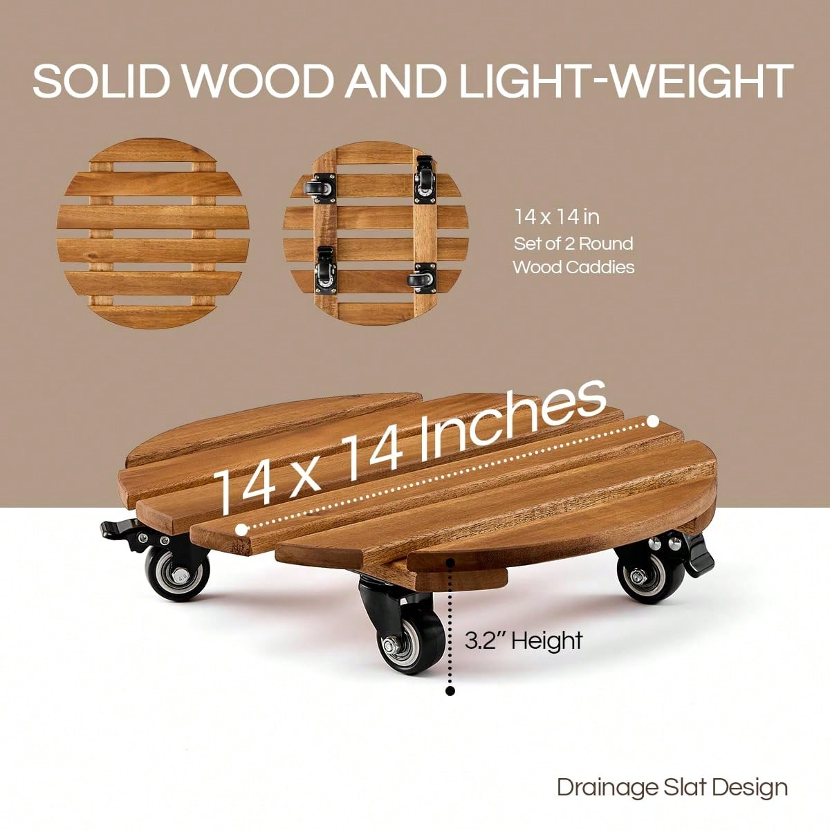 2 Pack 14" Acacia Wood Plant Caddy With Lockable 360° Caster Wheels, 300 LB Heavy Duty Rolling Stand For Indoor Outdoor Planter Pots, Wooden Dolly For Patio (Golden Teak, Round)
