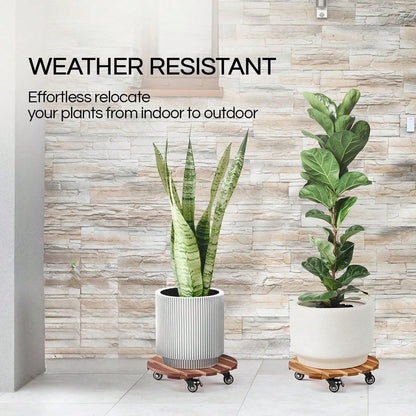 2 Pack 14" Acacia Wood Plant Caddy With Lockable 360° Caster Wheels, 300 LB Heavy Duty Rolling Stand For Indoor Outdoor Planter Pots, Wooden Dolly For Patio (Golden Teak, Round)