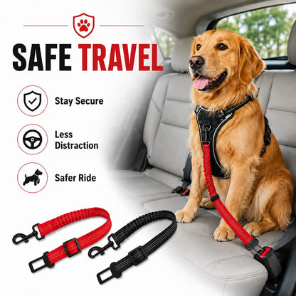 2 Pack Dog Car Seat Belts – Durable Adjustable Nylon Pet Safety Harness With Elastic Bungee & Reflective Design For Worry-Free Driving Travel(Black&Red)