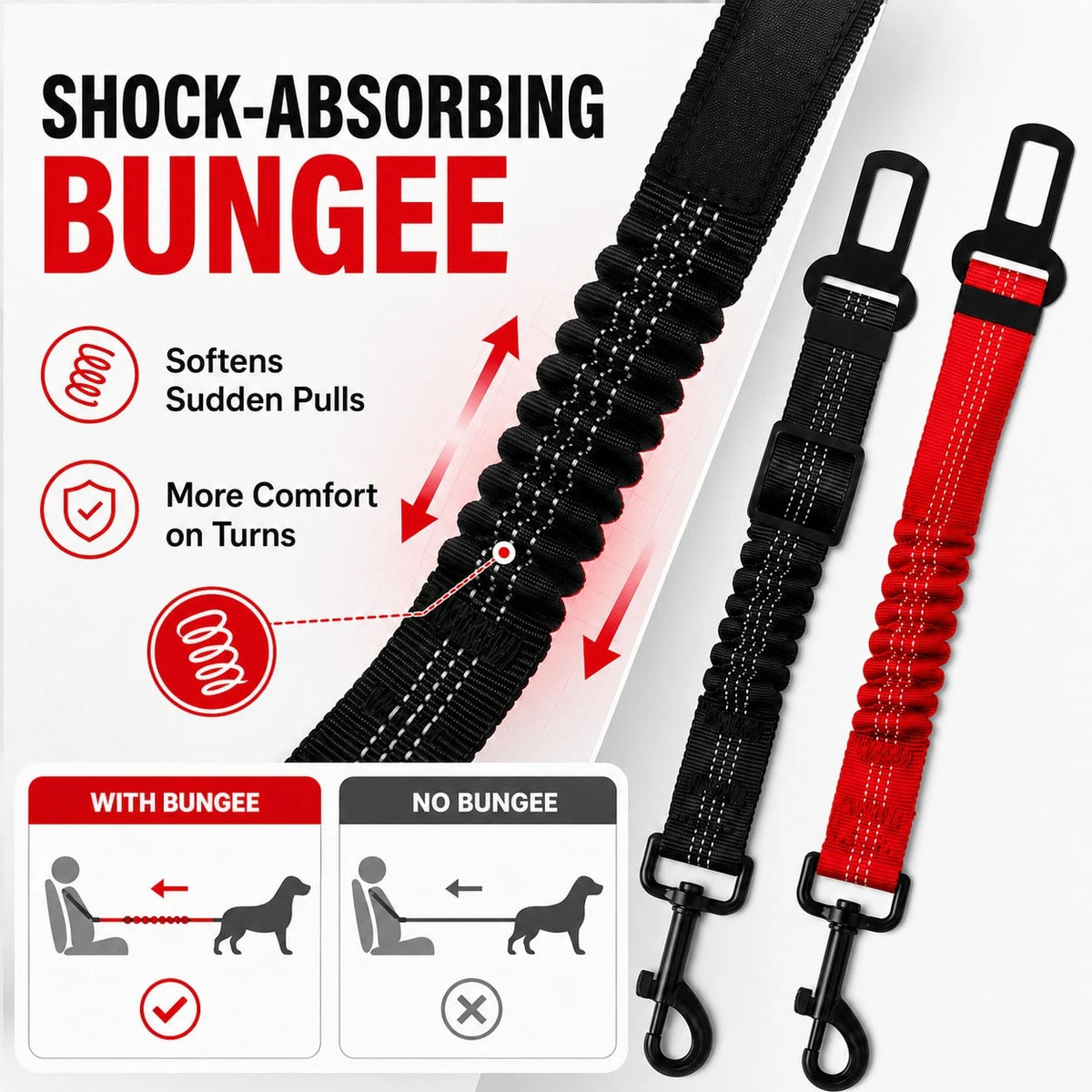 2 Pack Dog Car Seat Belts – Durable Adjustable Nylon Pet Safety Harness With Elastic Bungee & Reflective Design For Worry-Free Driving Travel(Black&Red)