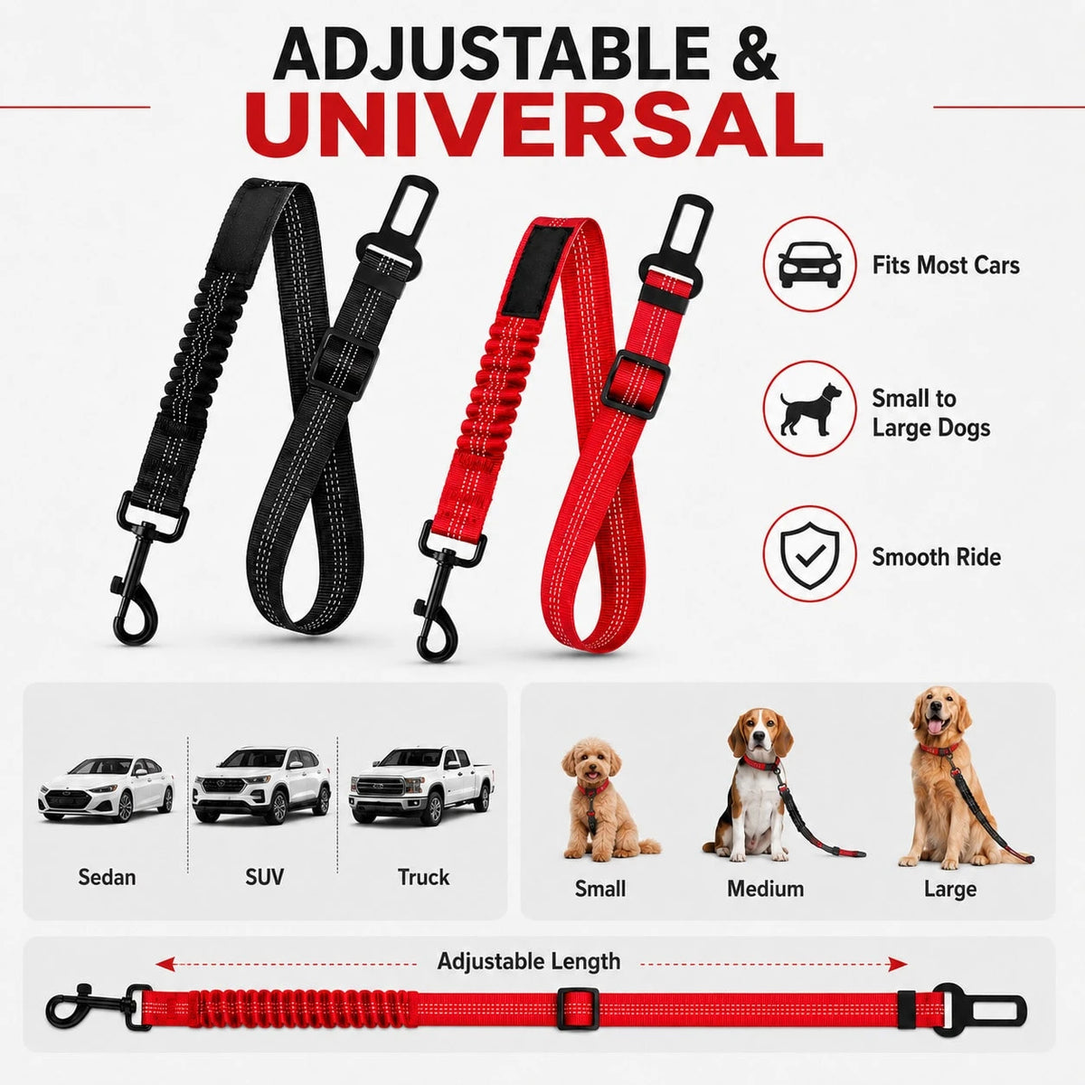 2 Pack Dog Car Seat Belts – Durable Adjustable Nylon Pet Safety Harness With Elastic Bungee & Reflective Design For Worry-Free Driving Travel(Black&Red)