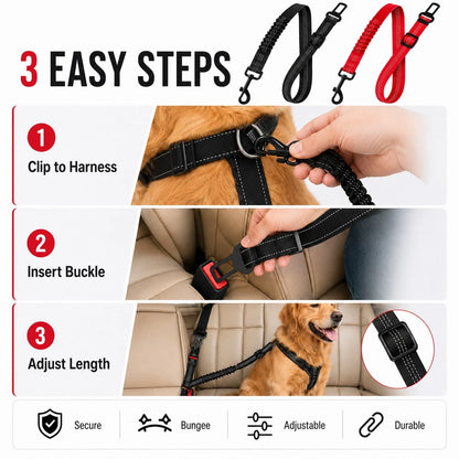 2 Pack Dog Car Seat Belts – Durable Adjustable Nylon Pet Safety Harness With Elastic Bungee & Reflective Design For Worry-Free Driving Travel(Black&Red)
