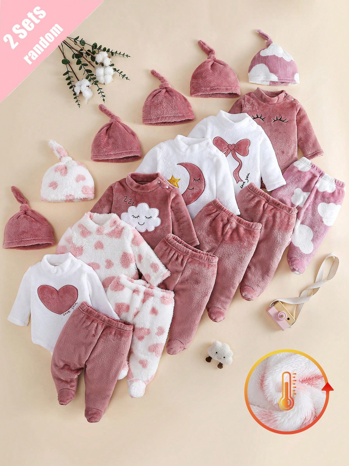[2 Sets Random Selection] Newborn Double-Sided Flannel Comfortable Soft Cute White & Pink Star, Cloud, Heart, Bow Embroidery Pattern, Jumpsuit Hat Pants, Best Gift For Newborns, Versatile Fashion