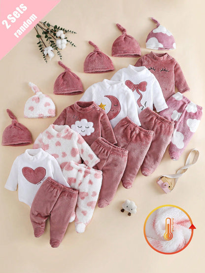 [2 Sets Random Selection] Newborn Double-Sided Flannel Comfortable Soft Cute White & Pink Star, Cloud, Heart, Bow Embroidery Pattern, Jumpsuit Hat Pants, Best Gift For Newborns, Versatile Fashion