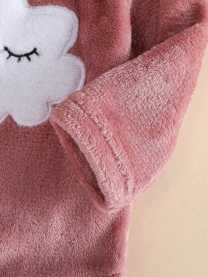 [2 Sets Random Selection] Newborn Double-Sided Flannel Comfortable Soft Cute White & Pink Star, Cloud, Heart, Bow Embroidery Pattern, Jumpsuit Hat Pants, Best Gift For Newborns, Versatile Fashion