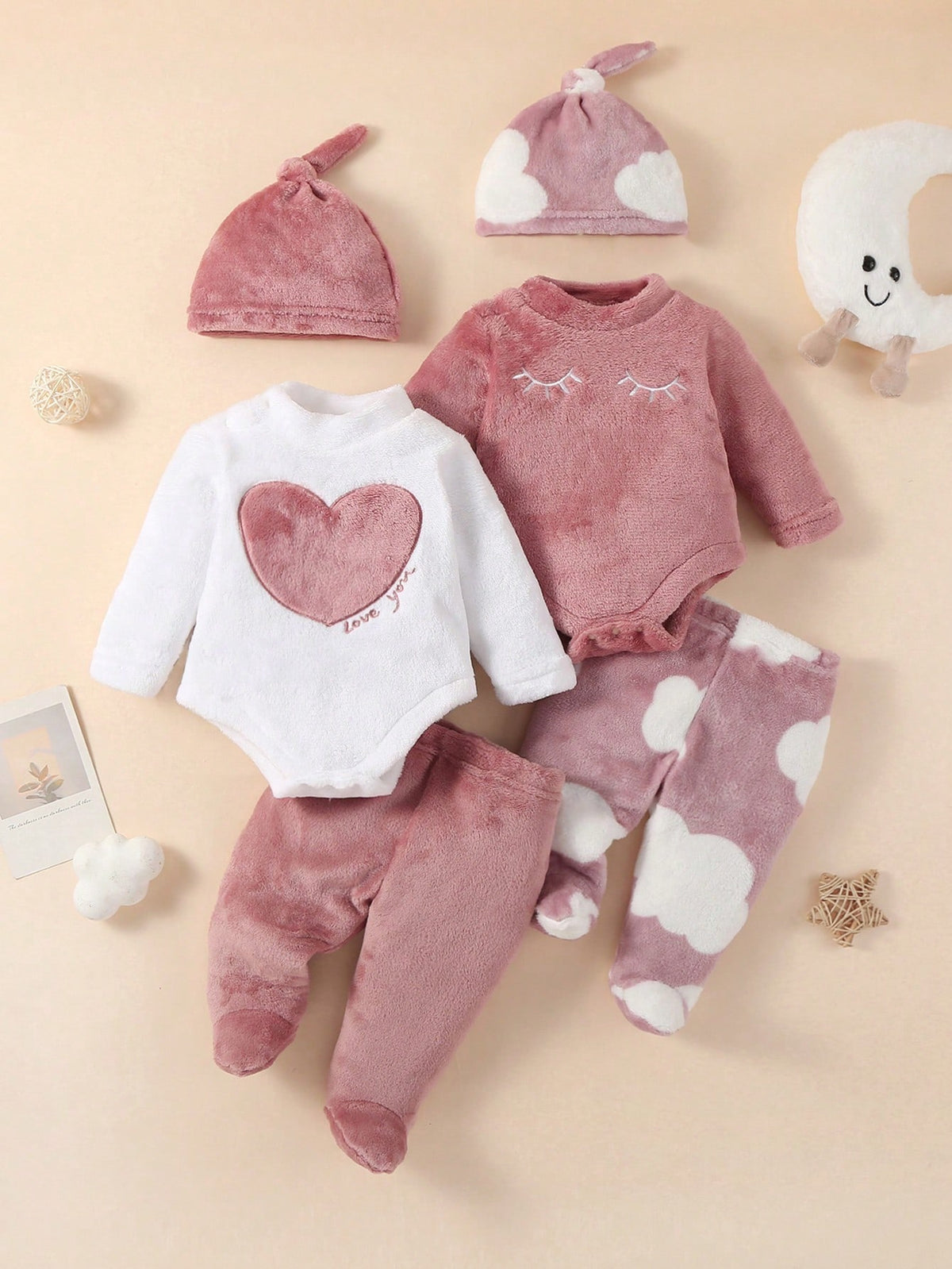 [2 Sets Random Selection] Newborn Double-Sided Flannel Comfortable Soft Cute White & Pink Star, Cloud, Heart, Bow Embroidery Pattern, Jumpsuit Hat Pants, Best Gift For Newborns, Versatile Fashion