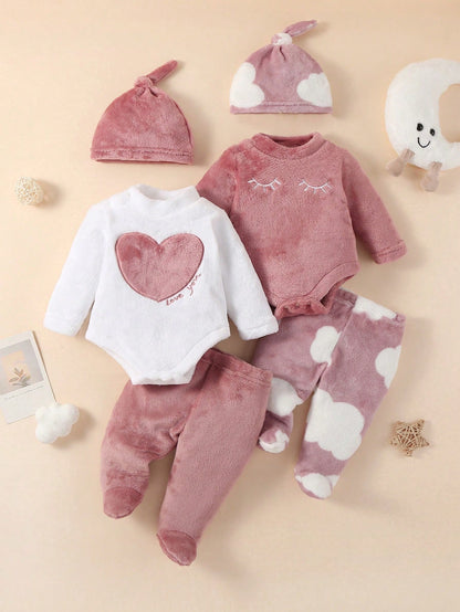 [2 Sets Random Selection] Newborn Double-Sided Flannel Comfortable Soft Cute White & Pink Star, Cloud, Heart, Bow Embroidery Pattern, Jumpsuit Hat Pants, Best Gift For Newborns, Versatile Fashion