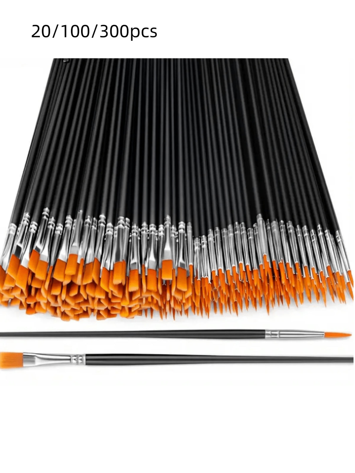 20/100/300pcs Black Nylon Hair Paint Brush With Flat & Round Tip Acrylic Paint Brush For Oil Painting, Watercolor, Face Artist Professional Set, Craft Paint Brush For Acrylic, Oil Painting, Watercolor