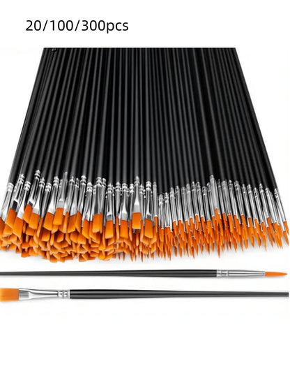 20/100/300pcs Black Nylon Hair Paint Brush With Flat & Round Tip Acrylic Paint Brush For Oil Painting, Watercolor, Face Artist Professional Set, Craft Paint Brush For Acrylic, Oil Painting, Watercolor