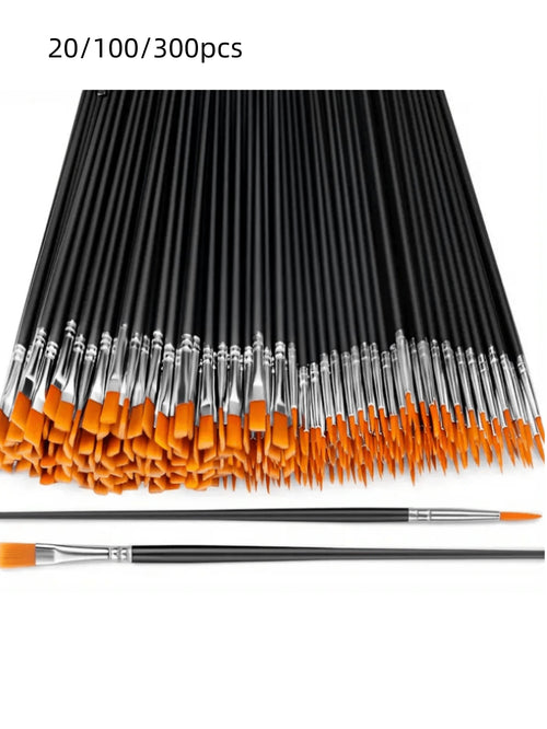 20/100/300pcs Black Nylon Hair Paint Brush With Flat & Round Tip Acrylic Paint Brush For Oil Painting, Watercolor, Face Artist Professional Set, Craft Paint Brush For Acrylic, Oil Painting, Watercolor