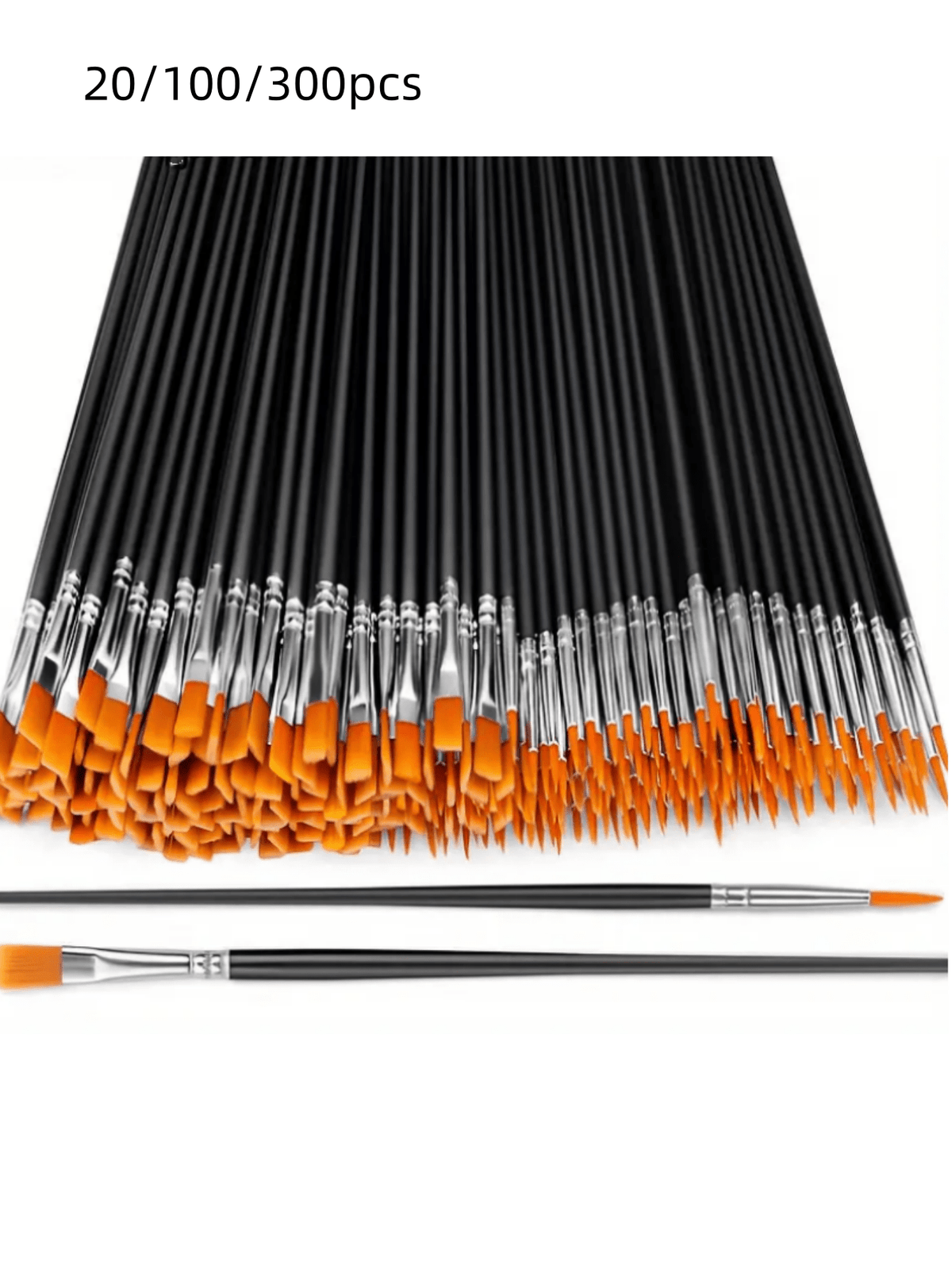 20/100/300pcs Black Nylon Hair Paint Brush With Flat & Round Tip Acrylic Paint Brush For Oil Painting, Watercolor, Face Artist Professional Set, Craft Paint Brush For Acrylic, Oil Painting, Watercolor
