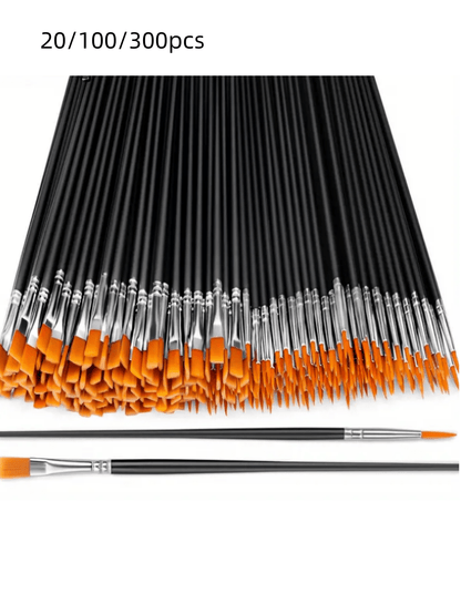 20/100/300pcs Black Nylon Hair Paint Brush With Flat & Round Tip Acrylic Paint Brush For Oil Painting, Watercolor, Face Artist Professional Set, Craft Paint Brush For Acrylic, Oil Painting, Watercolor