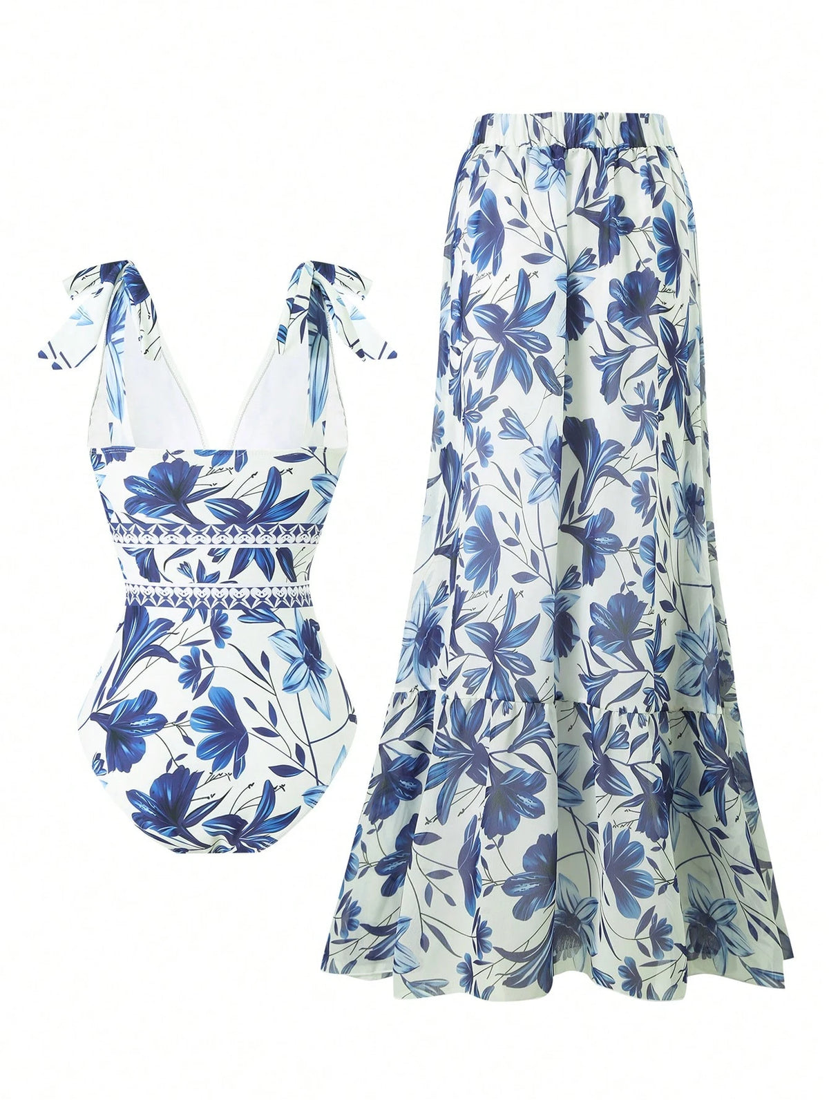 2024 New European And American Women One Piece Swimsuit Set With Long Skirt, Fashionable Slim Sexy Swimwear, For Summer Beach Vacation Elegant